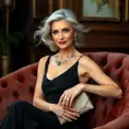 A sophisticated woman in her early 40s, silver hair flowing gently, dressed in a classic LBD with diamond earrings and clutch, seated elegantly on a velvet sofa, Highly Detailed, Half Body, Gorgeous, Stunning, Elegant by Stanley Artgerm Lau