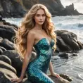 A stunning woman with mermaid scales and flowing golden locks, posing on a rocky beach, Highly Detailed, Half Body, Gorgeous, Stunning, Elegant