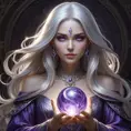 a mysterious sorceress with long silver hair and piercing violet eyes, holding a glowing orb in her hands, Highly Detailed, Half Body, Gorgeous, Stunning, Elegant by Stanley Artgerm Lau