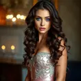 A stunning woman with piercing blue eyes and long, curly brown hair, posing in a elegant evening gown, Highly Detailed, Half Body, Gorgeous, Stunning, Elegant