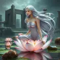 A serene depiction of a woman with pale lavender skin and flowing silver hair, sitting lotus-positioned atop a tranquil lotus flower in an otherworldly, bioluminescent pond, surrounded by ancient stone ruins., Highly Detailed, Half Body, Gorgeous, Stunning, Elegant by Stanley Artgerm Lau