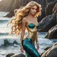 A stunning woman with mermaid scales and flowing golden locks, posing on a rocky beach, Highly Detailed, Half Body, Gorgeous, Stunning, Elegant