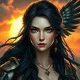 A strong and regal warrior queen with piercing emerald eyes and raven-black hair, set against a fiery sunset, Highly Detailed, Half Body, Gorgeous, Stunning, Elegant by Stanley Artgerm Lau