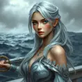 A poised beauty with piercing sapphire eyes and silver hair, standing against a backdrop of a stormy sea, Highly Detailed, Half Body, Gorgeous, Stunning, Elegant by Stanley Artgerm Lau