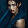 A captivating woman with a mysterious aura and deep violet eyes, draped in a flowing midnight blue gown, Highly Detailed, Half Body, Gorgeous, Stunning, Elegant by Stanley Artgerm Lau