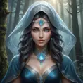 A mystical and enigmatic sorceress with eyes that shimmer like starlight, amidst a dreamlike, mist-shrouded forest, Highly Detailed, Half Body, Gorgeous, Stunning, Elegant by Stanley Artgerm Lau