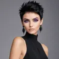 A chic woman with short, spiky black hair and piercing purple eyes, wearing a sleek black jumpsuit and statement earrings, Highly Detailed, Half Body, Gorgeous, Stunning, Elegant