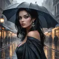 A mysterious and alluring femme fatale with piercing sapphire eyes and raven-black hair, shrouded in smoke and shadows on a rain-soaked city street, Highly Detailed, Half Body, Gorgeous, Stunning, Elegant by Stanley Artgerm Lau