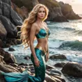 A stunning woman with mermaid scales and flowing golden locks, posing on a rocky beach, Highly Detailed, Half Body, Gorgeous, Stunning, Elegant