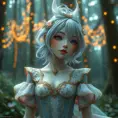 A whimsical woman with pastel-colored pixie hair, wearing a fairy tale-inspired gown with intricate embroidery, in an enchanted forest filled with twinkling lights, Highly Detailed, Half Body, Gorgeous, Stunning, Elegant by Stanley Artgerm Lau