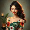 A vibrant brunette with striking green eyes, sporting a bright red lipsticked smile, wearing a bold floral print dress that complements her lively personality, Highly Detailed, Half Body, Gorgeous, Stunning, Elegant by Stanley Artgerm Lau