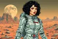 A retro-futuristic illustration of a woman with curly black hair and dark features, wearing a stylish silver spacesuit, exploring Mars' surface, Highly Detailed, Intricate, Half Body, Realistic