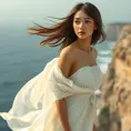 A graceful woman with delicate features, wearing a flowing white dress, standing on a cliff overlooking the ocean, the wind blowing through her hair, soft pastel colors, romantic and dreamy, Highly Detailed, Half Body, Gorgeous, Stunning, Elegant by Stanley Artgerm Lau