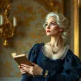 An ageless woman with platinum blonde hair, dressed in a Victorian-style midnight blue gown, holding a vintage book and gazing pensively into the distance, Highly Detailed, Half Body, Gorgeous, Stunning, Elegant by Stanley Artgerm Lau