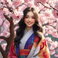 A beautiful woman with a radiant smile, surrounded by blooming cherry blossom trees, wearing a colorful kimono, capturing the essence of spring and renewal in her expression., Highly Detailed, Half Body, Gorgeous, Stunning, Elegant by Stanley Artgerm Lau