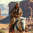 A regal Native American woman riding horseback through Monument Valley, Highly Detailed, Half Body, Gorgeous, Stunning, Elegant by Stanley Artgerm Lau