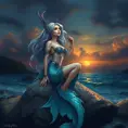 A mystical mermaid sitting on a rock by the shore at sunset, Highly Detailed, Half Body, Gorgeous, Stunning, Elegant by Stanley Artgerm Lau