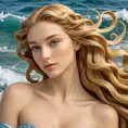 A beautiful woman inspired by the style of Botticelli's 'The Birth of Venus', with golden skin and flowing blonde hair, Highly Detailed, Half Body, Gorgeous, Stunning, Elegant