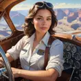 A confident woman piloting a vintage airplane over the Grand Canyon, Highly Detailed, Half Body, Gorgeous, Stunning, Elegant by Stanley Artgerm Lau