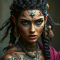 a fierce warrior queen with intricate tattoos and braided hair adorned with beads, her gaze commanding respect, Highly Detailed, Half Body, Gorgeous, Stunning, Elegant by Stanley Artgerm Lau