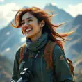 An adventurous explorer woman against a breathtaking mountain backdrop, wearing hiking gear, her joyful laughter echoing through the air, wind tousling her hair and a camera slung around her neck., Highly Detailed, Half Body, Gorgeous, Stunning, Elegant by Stanley Artgerm Lau