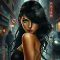 A mysterious and alluring femme fatale with piercing sapphire eyes and raven-black hair, shrouded in smoke and shadows on a rain-soaked city street, Highly Detailed, Half Body, Gorgeous, Stunning, Elegant by Stanley Artgerm Lau