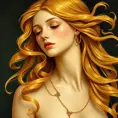 A beautiful woman inspired by the style of Botticelli's 'The Birth of Venus', with golden skin and flowing blonde hair, Highly Detailed, Half Body, Gorgeous, Stunning, Elegant