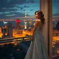 A graceful figure, dressed in an elegant evening gown, taking a moment of solitude on a balcony overlooking the city lights, a glass of wine in hand and a thoughtful expression on her face., Highly Detailed, Half Body, Gorgeous, Stunning, Elegant by Stanley Artgerm Lau