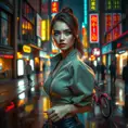 A captivating woman with piercing blue eyes, wearing a modern, stylish outfit, walking through a bustling city at night, neon lights reflecting off wet pavement, urban setting, dynamic composition, Highly Detailed, Half Body, Gorgeous, Stunning, Elegant by Stanley Artgerm Lau