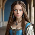 A gorgeous woman inspired by the Renaissance era, with long, straight brown hair and piercing blue eyes, Highly Detailed, Half Body, Gorgeous, Stunning, Elegant