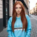 A stunning woman with long, straight red hair and bright blue eyes, posing in a trendy streetwear outfit, Highly Detailed, Half Body, Gorgeous, Stunning, Elegant