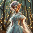 A whimsical woman with pastel-colored pixie hair, wearing a fairy tale-inspired gown with intricate embroidery, in an enchanted forest filled with twinkling lights, Highly Detailed, Half Body, Gorgeous, Stunning, Elegant by Stanley Artgerm Lau