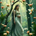 A serene goddess of nature, immersed in a lush, blooming forest, Highly Detailed, Half Body, Gorgeous, Stunning, Elegant by Stanley Artgerm Lau