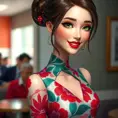 A vibrant brunette with striking green eyes, sporting a bright red lipsticked smile, wearing a bold floral print dress that complements her lively personality, Highly Detailed, Half Body, Gorgeous, Stunning, Elegant by Stanley Artgerm Lau