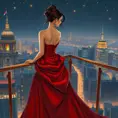 A sophisticated woman in a luxurious, flowing gown, standing on a balcony overlooking a grand cityscape at night, her expression thoughtful, city lights twinkling like stars behind her., Highly Detailed, Half Body, Gorgeous, Stunning, Elegant by Stanley Artgerm Lau