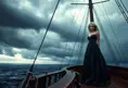 A cinematic still featuring a woman with striking blue eyes and platinum blonde hair, dressed in an elegant gown, standing confidently at the prow of a majestic sailing ship under stormy skies, Highly Detailed, Intricate, Half Body, Realistic