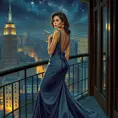 A sophisticated woman in a luxurious, flowing gown, standing on a balcony overlooking a grand cityscape at night, her expression thoughtful, city lights twinkling like stars behind her., Highly Detailed, Half Body, Gorgeous, Stunning, Elegant by Stanley Artgerm Lau