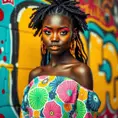 A radiant woman with dark skin and bright, colorful makeup, wearing a vibrant patterned dress, standing in front of a graffiti-covered wall, vivid colors, artistic and contemporary vibe, Highly Detailed, Half Body, Gorgeous, Stunning, Elegant by Stanley Artgerm Lau