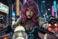 A woman with pink hair and heterochromatic eyes (one blue, one green), riding her motorcycle through neon-lit city streets at night, Highly Detailed, Intricate, Half Body, Realistic