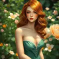 A graceful lady with striking emerald eyes and auburn tresses, elegantly poised in a lush, blooming garden, Highly Detailed, Half Body, Gorgeous, Stunning, Elegant by Stanley Artgerm Lau