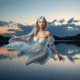 An ethereal woman with silver-white hair, soft violet eyes, and an airy chiffon dress, floating gracefully above a tranquil, mirror-like lake at twilight, Highly Detailed, Half Body, Gorgeous, Stunning, Elegant by Stanley Artgerm Lau