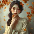 A soft-spoken poetess with an aura of quiet introspection, surrounded by the gentle whispers of autumn leaves, Highly Detailed, Half Body, Gorgeous, Stunning, Elegant by Stanley Artgerm Lau