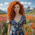 A vibrant woman with a cascade of fiery red curls, freckles, and a bohemian dress with floral patterns, amidst a field of blooming wildflowers at the peak of spring, Highly Detailed, Half Body, Gorgeous, Stunning, Elegant by Stanley Artgerm Lau