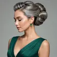 A lady in her late 30s with soft gray hair pulled back into a classic chignon, wearing an elegant emerald green dress that softly hugs her figure, Highly Detailed, Half Body, Gorgeous, Stunning, Elegant by Stanley Artgerm Lau