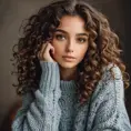 A gorgeous woman with curly dark brown hair and warm hazel eyes, wearing a cozy sweater and distressed denim, Highly Detailed, Half Body, Gorgeous, Stunning, Elegant