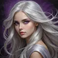 A hauntingly beautiful woman with long, flowing silver hair, deep violet eyes, and a melancholic expression, radiating mystery and allure, Highly Detailed, Half Body, Gorgeous, Stunning, Elegant by Stanley Artgerm Lau