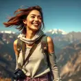 An adventurous explorer woman against a breathtaking mountain backdrop, wearing hiking gear, her joyful laughter echoing through the air, wind tousling her hair and a camera slung around her neck., Highly Detailed, Half Body, Gorgeous, Stunning, Elegant by Stanley Artgerm Lau