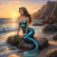 A mystical mermaid sitting on a rock by the shore at sunset, Highly Detailed, Half Body, Gorgeous, Stunning, Elegant by Stanley Artgerm Lau