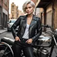 A striking woman with short platinum blonde hair, wearing a chic black leather jacket, leaning against a vintage motorcycle, gritty urban background, bold and edgy, cinematic lighting, Highly Detailed, Half Body, Gorgeous, Stunning, Elegant by Stanley Artgerm Lau