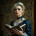 An ageless woman with platinum blonde hair, dressed in a Victorian-style midnight blue gown, holding a vintage book and gazing pensively into the distance, Highly Detailed, Half Body, Gorgeous, Stunning, Elegant by Stanley Artgerm Lau